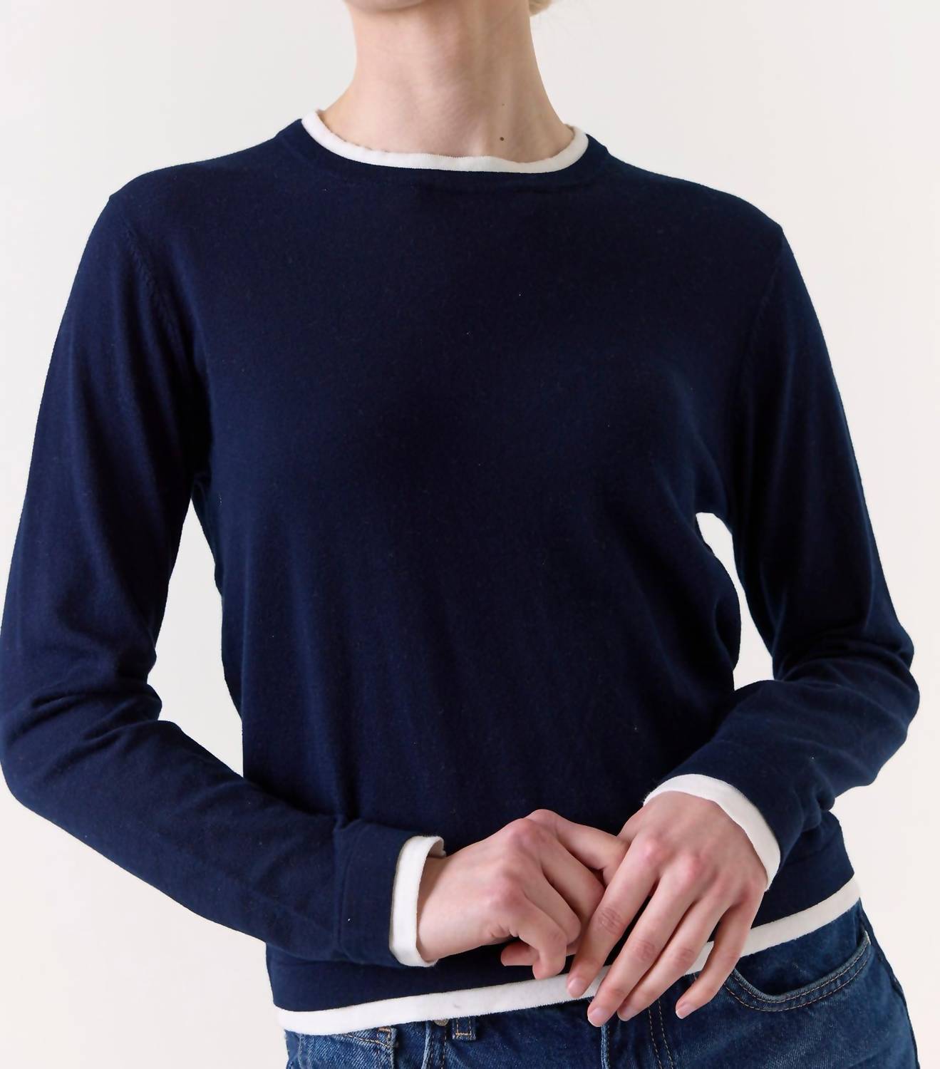 Brodie Cashmere Double Contrast Crew Neck Sweater in navy - women's sweater