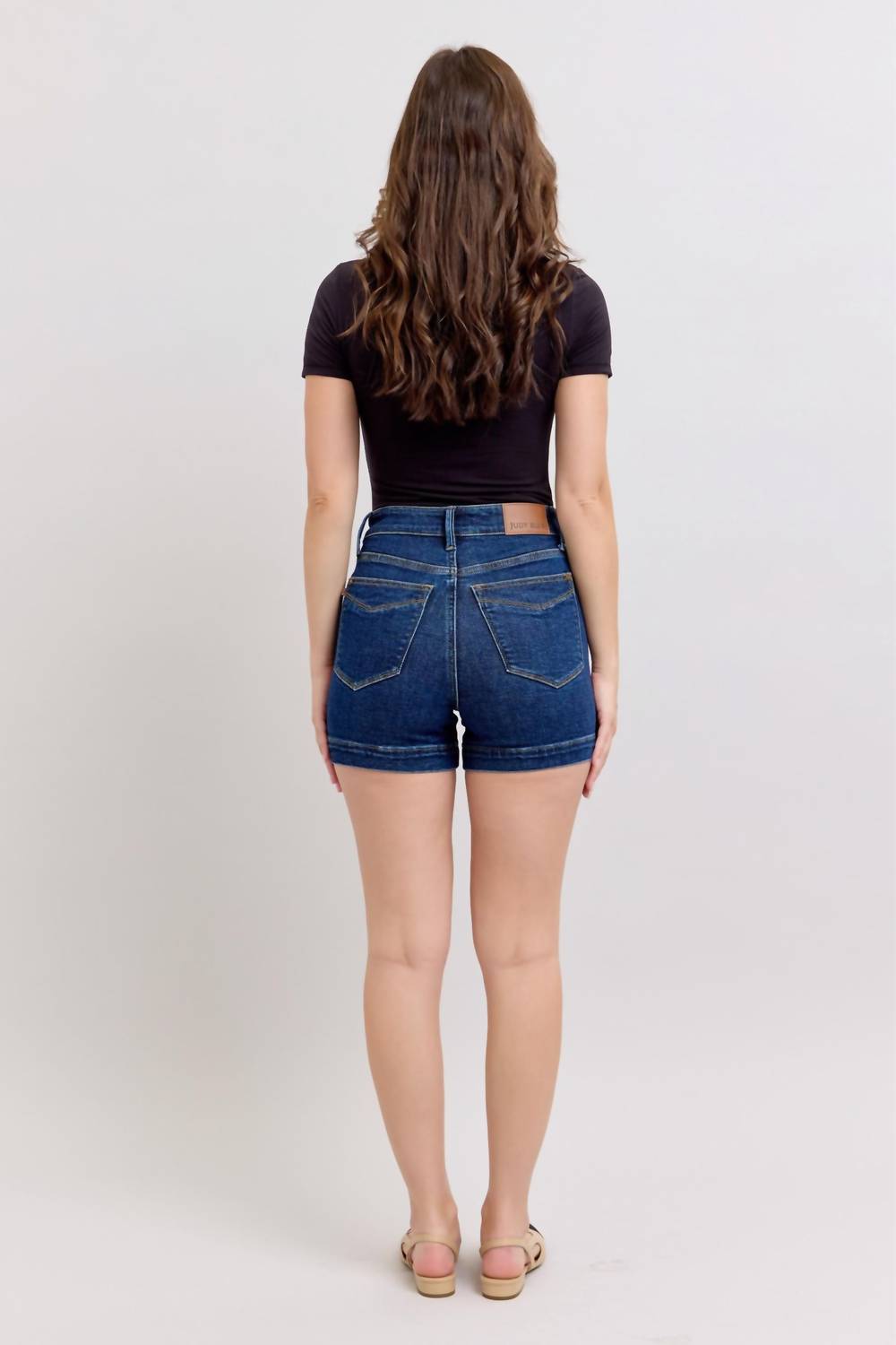 Judy Blue High Waist Tummy Control Denim Short in dark wash blue - women's shorts - detail view