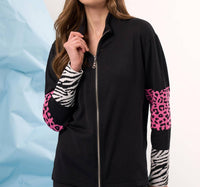 french kyss Animal Print Sleeve Zip Up Jacket in black multi - women's jacket