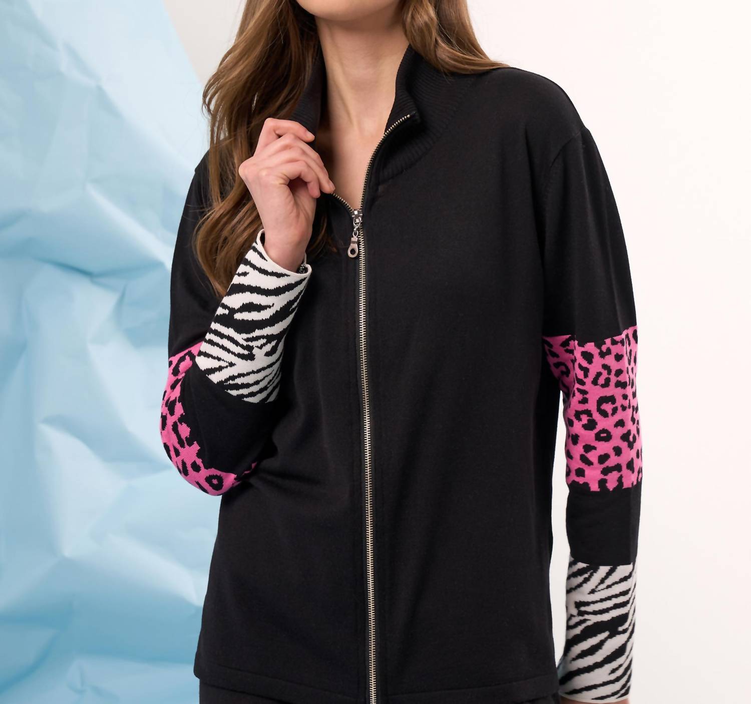 french kyss Animal Print Sleeve Zip Up Jacket in black multi - women's jacket