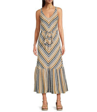 Charlie B - Linen Blend Stripe Print V-neck Sleeveless Maxi A-line Dress