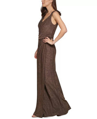 DKNY Women's V-neck Metallic Ruched-knit Sleeveless Gown in brown - women's dress - alternate view