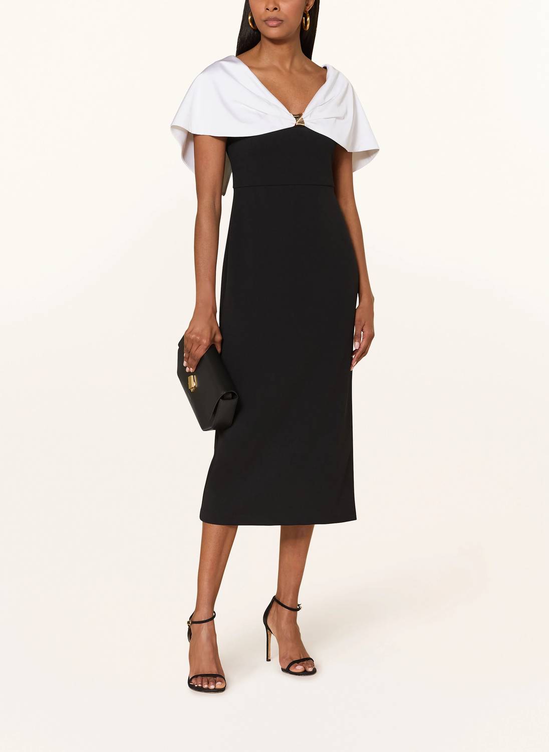 Joseph Ribkoff Off-shoulder Satin Cape Sheath Dress in black vanilla - women's dress