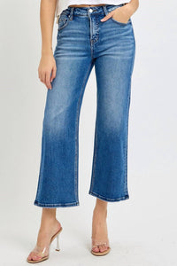 Risen - Tummy Control Elastic Band Mid-rise Crop Wide Leg Jeans