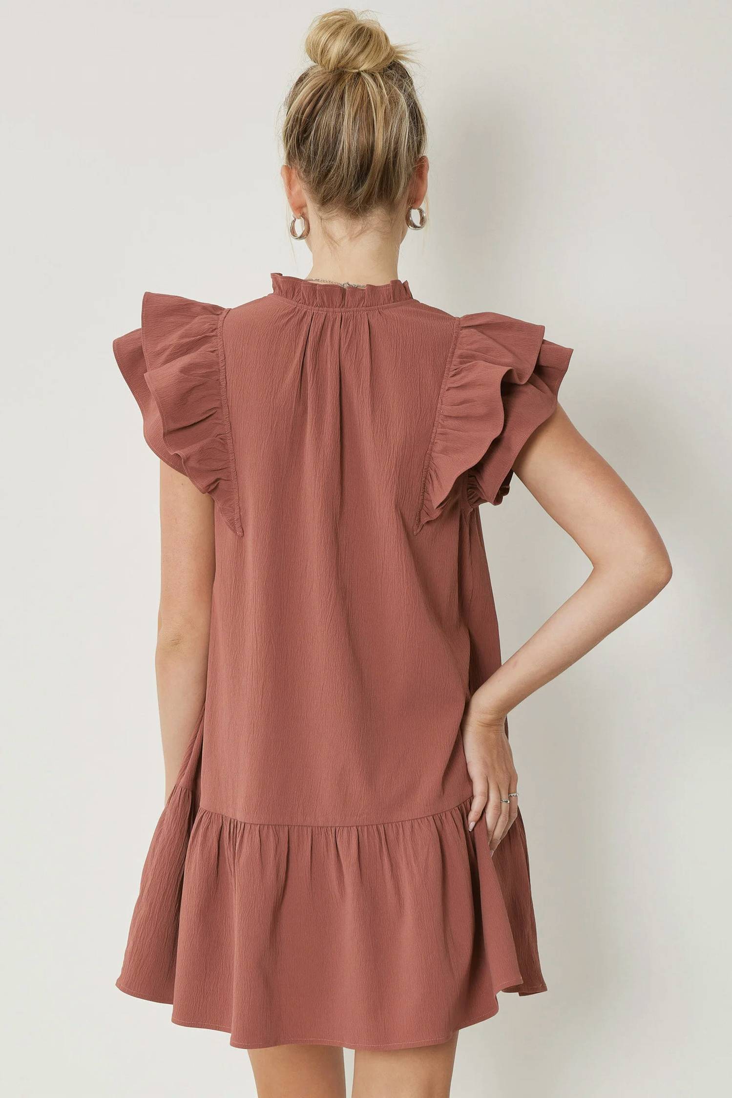 Entro - V-neck Ruffle Sleeve Tiered Mini Dress