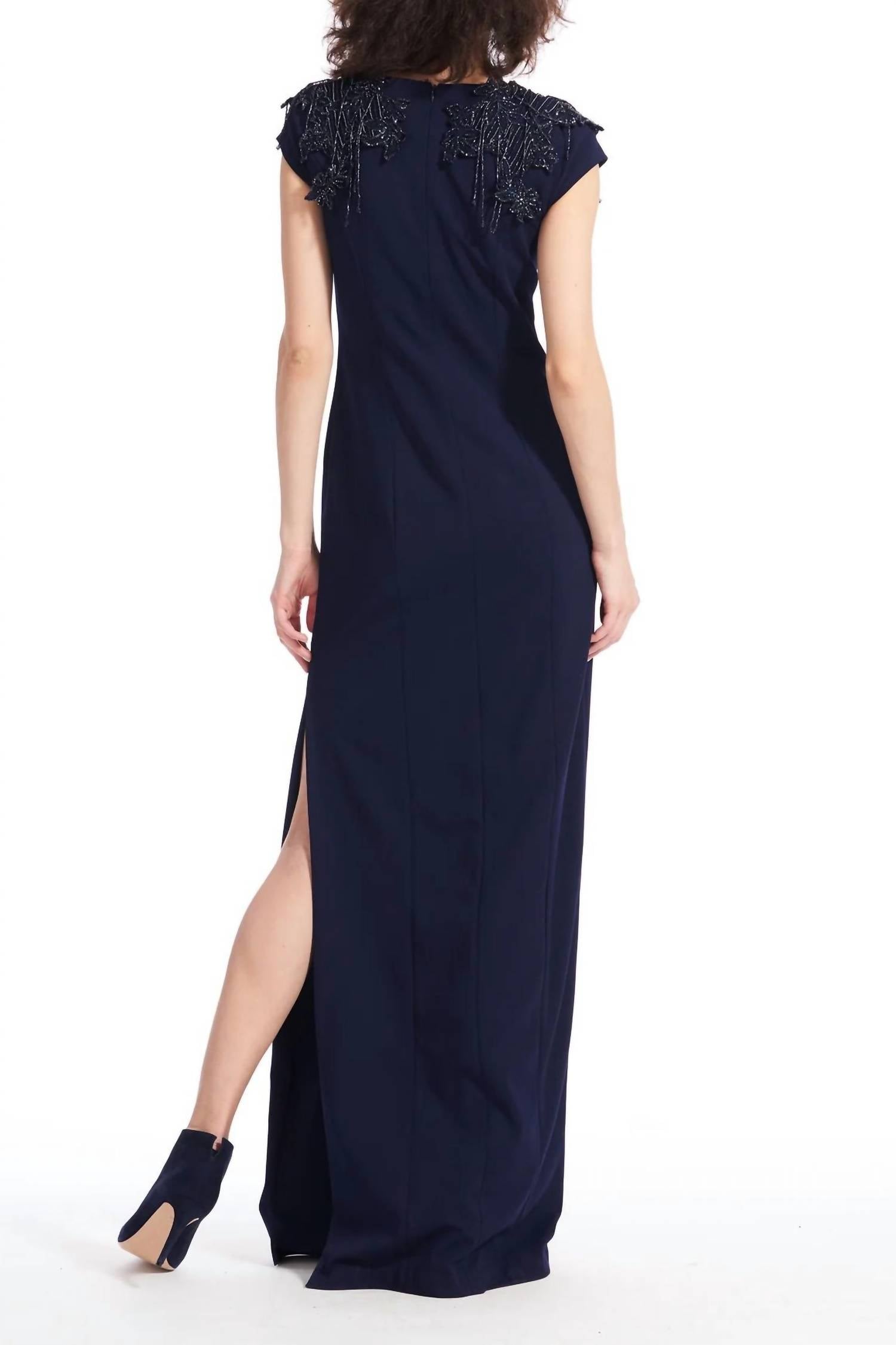 Emily Shalant - Beaded Fringed Sleeves Side Open Slit Long Gown