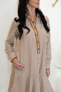 la society Striped Embroidered Trim Ruffle Mini Dress in brown - women's dress - detail view