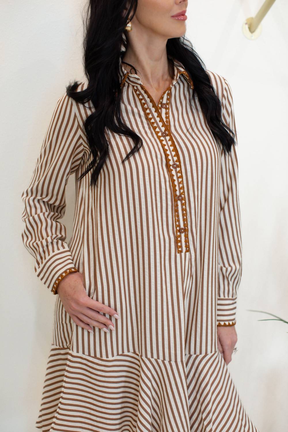 la society Striped Embroidered Trim Ruffle Mini Dress in brown - women's dress - detail view