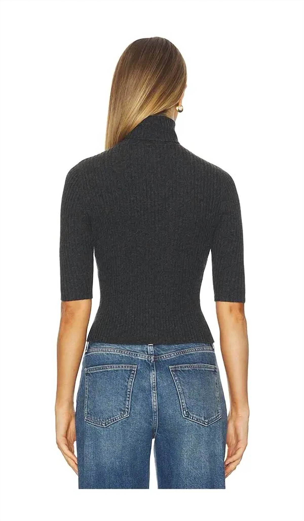 Autumn Cashmere - Cropped Elbow Sleeve Rib Turtleneck Top