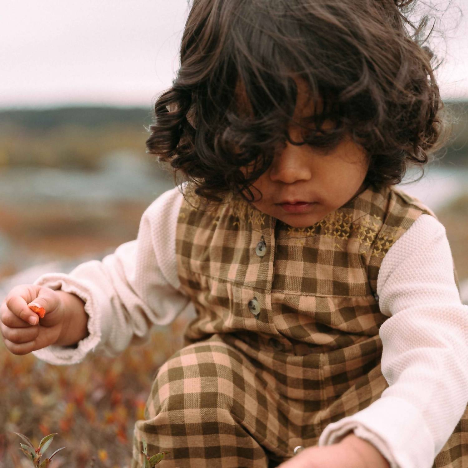 Lali Kids' Sleeveless Jumper in brown gingham - kids' item - detail view