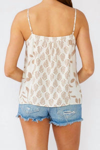 Lovestitch - Women's Neutral Leaf Print Button Front Tank Top