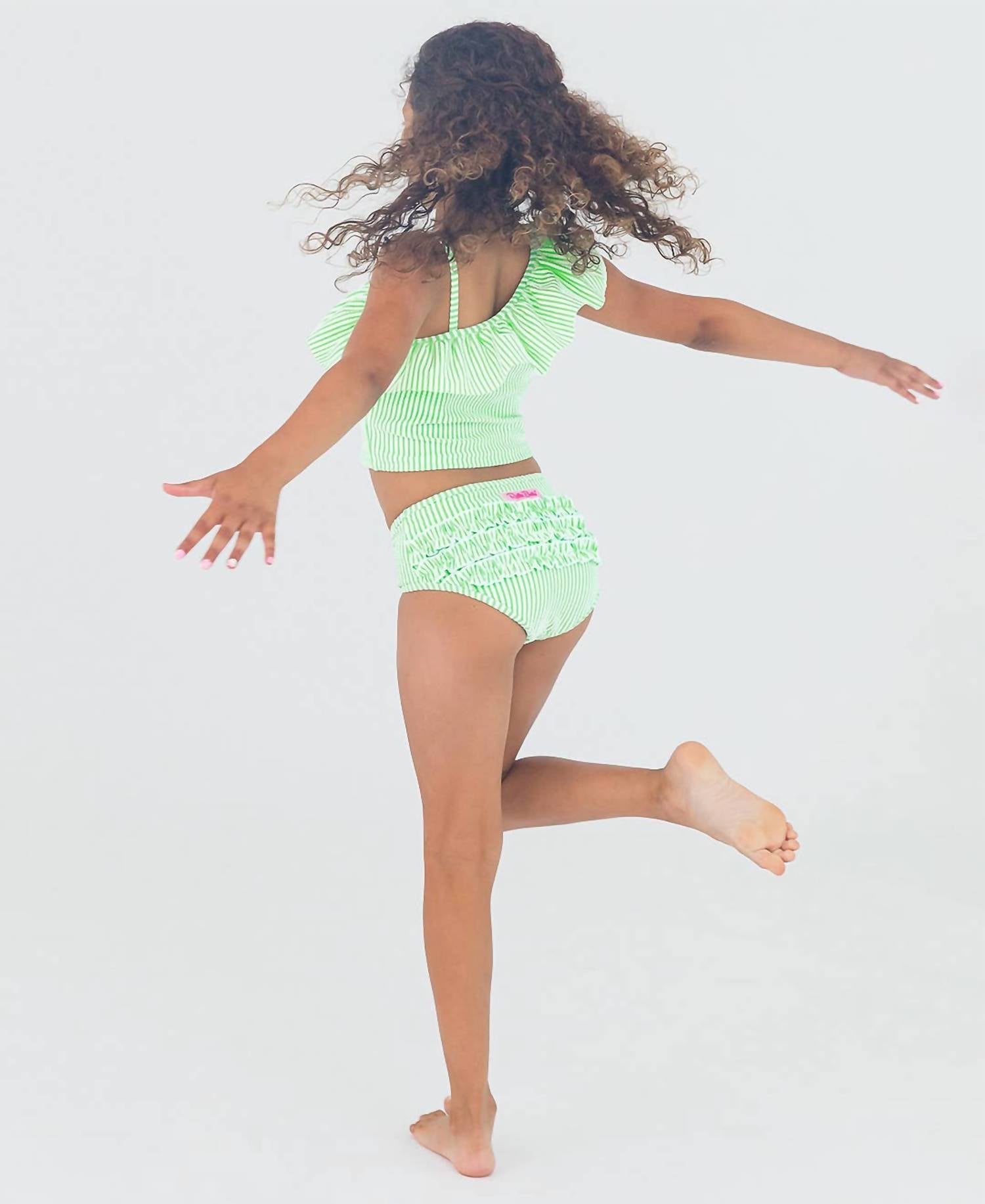 Rufflebutts - Girls' Seersucker One Shoulder Ruffle Tankini Swimsuit