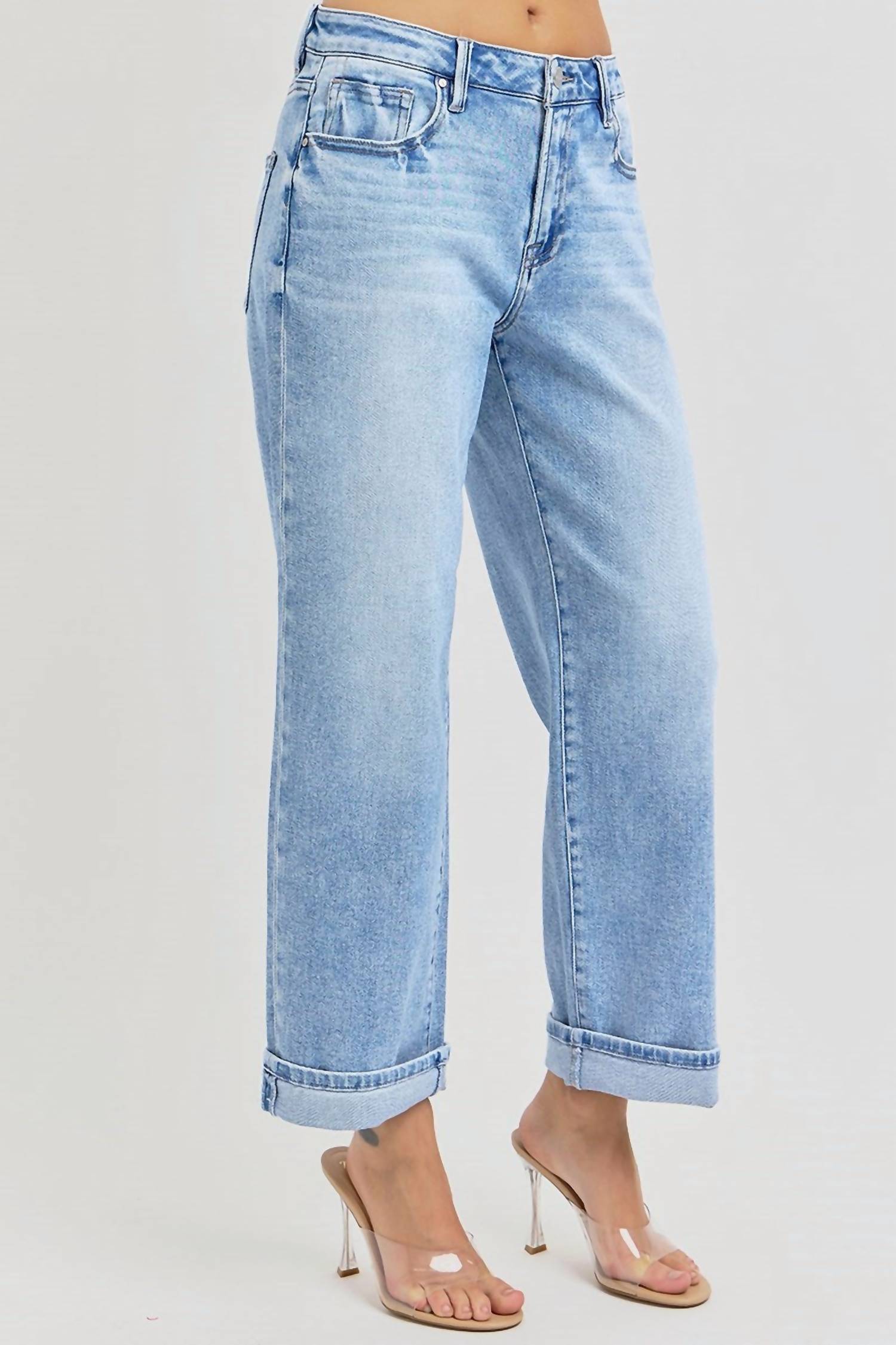 RISEN High Rise Ankle Boyfriend Cuffed Jeans in light wash - women's jeans - alternate view