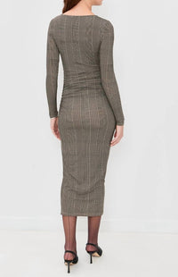 Veronica Beard Long Sleeve Charissa Midi Dress in dark acorn multi - women's dress - detail view