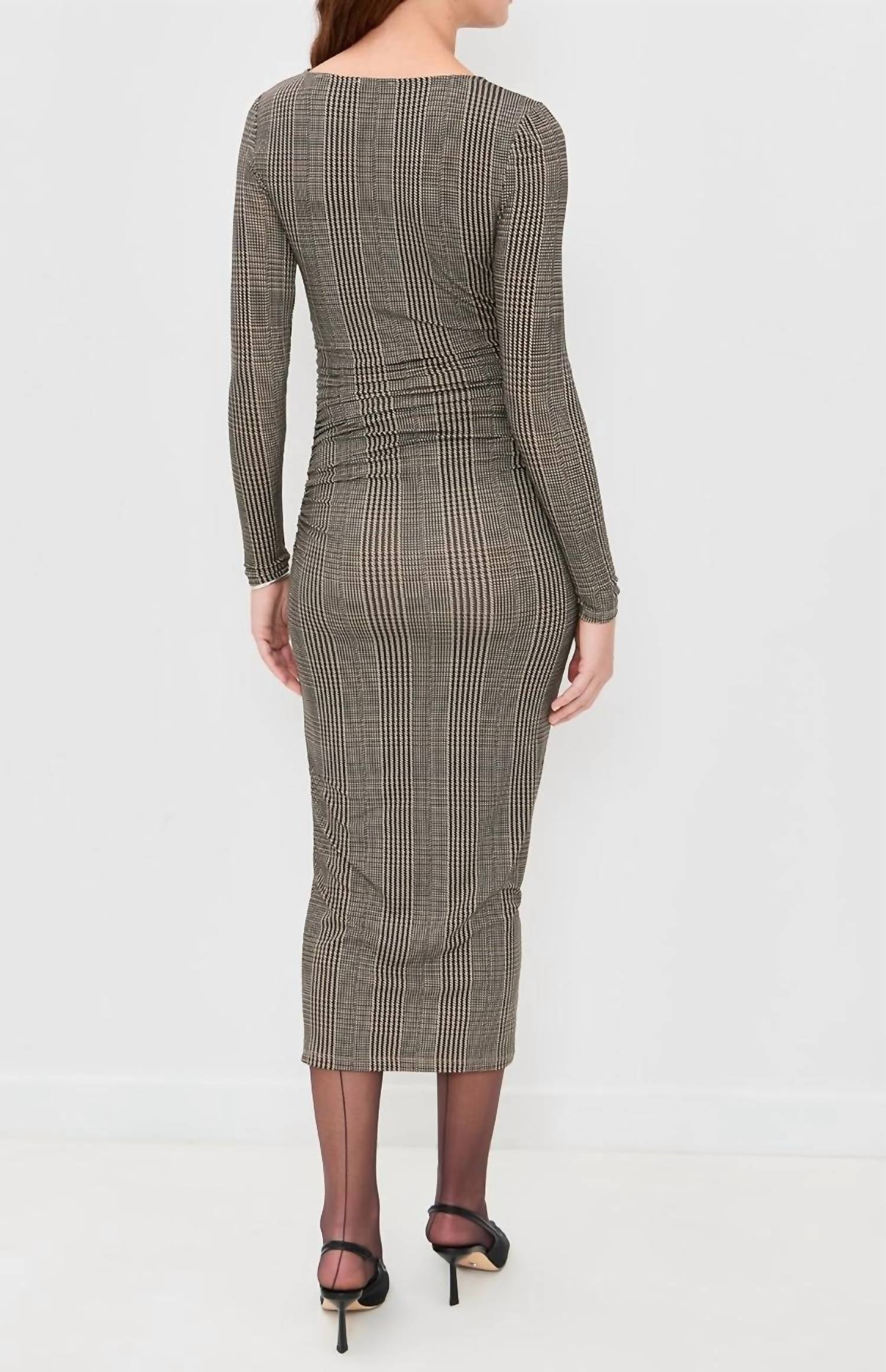 Veronica Beard Long Sleeve Charissa Midi Dress in dark acorn multi - women's dress - detail view