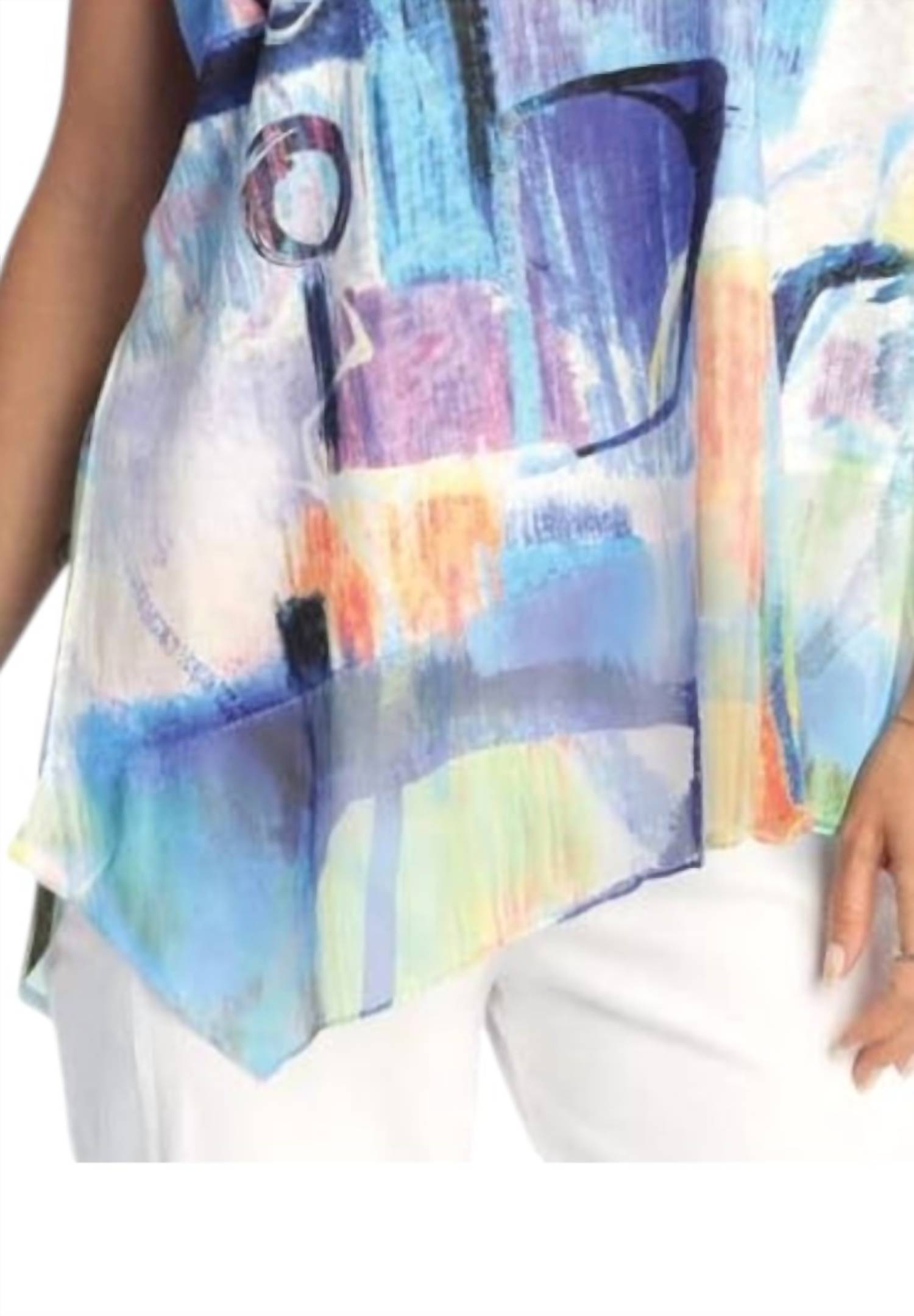 Jess & Jane Bristol Light Knit Asymmetric Top in blue - women's t-shirt - detail view