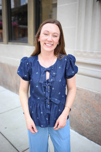 Blu Pepper - Denim Bow Detail Short Sleeve Top