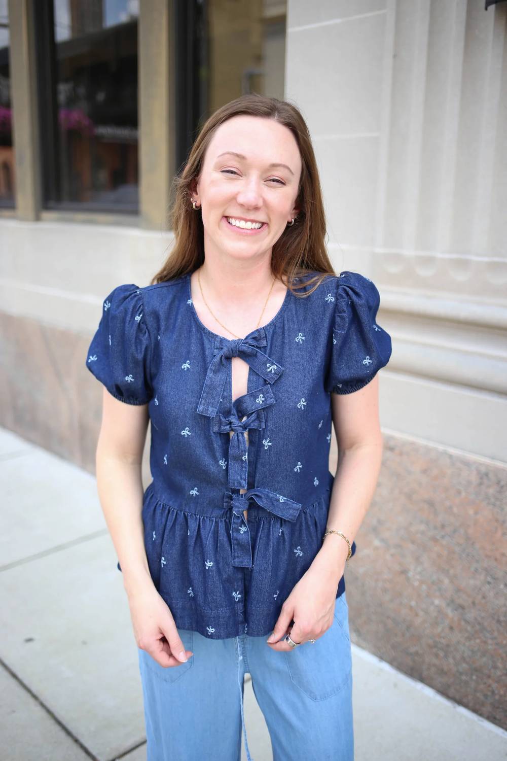Blu Pepper - Denim Bow Detail Short Sleeve Top