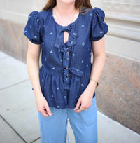 Blu Pepper - Denim Bow Detail Short Sleeve Top
