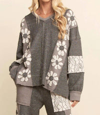Davi & Dani - Waffle Knit Lace Flower Sweatshirt Top