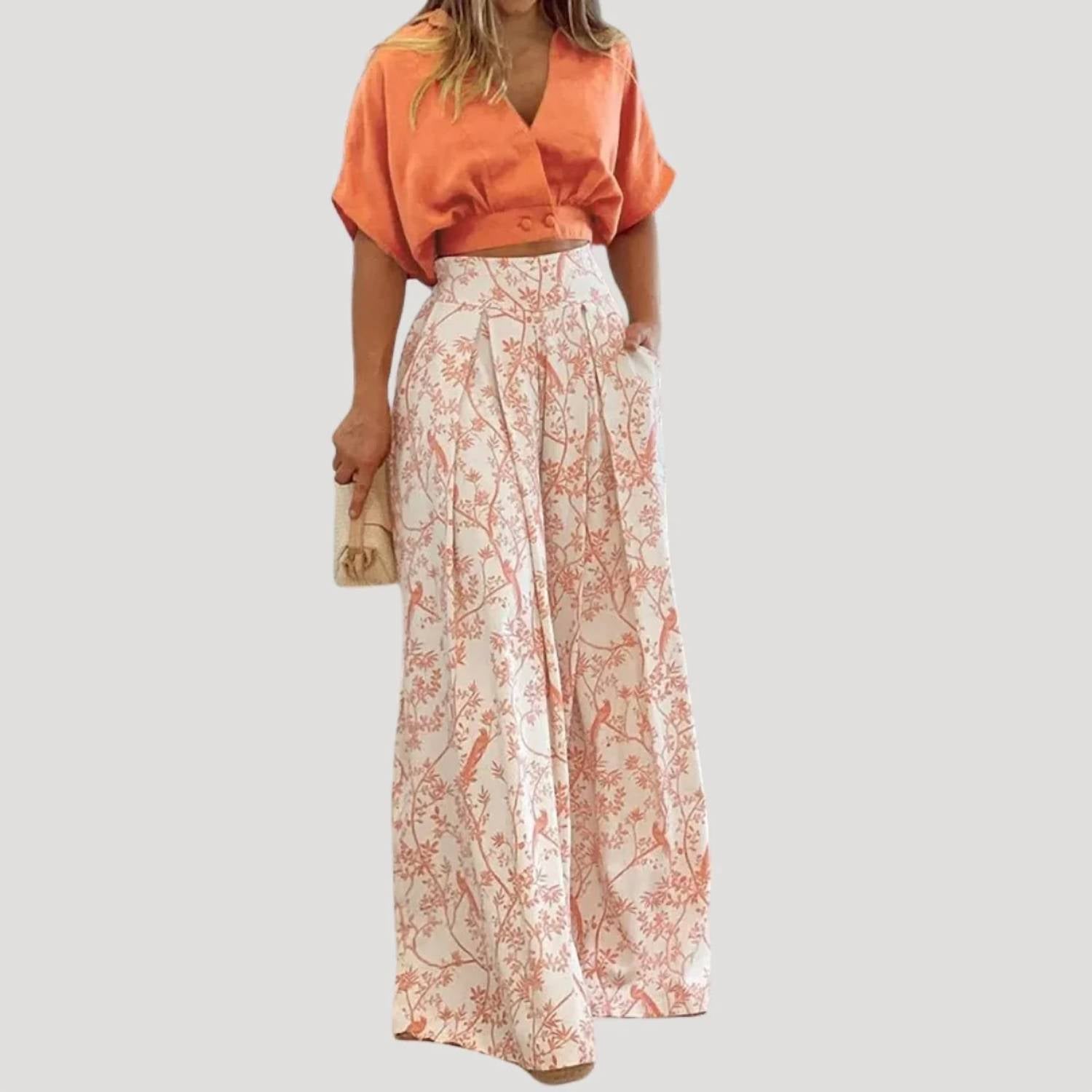 Paperdoll - V-neck Short Shirt And Wide Leg Pants Set
