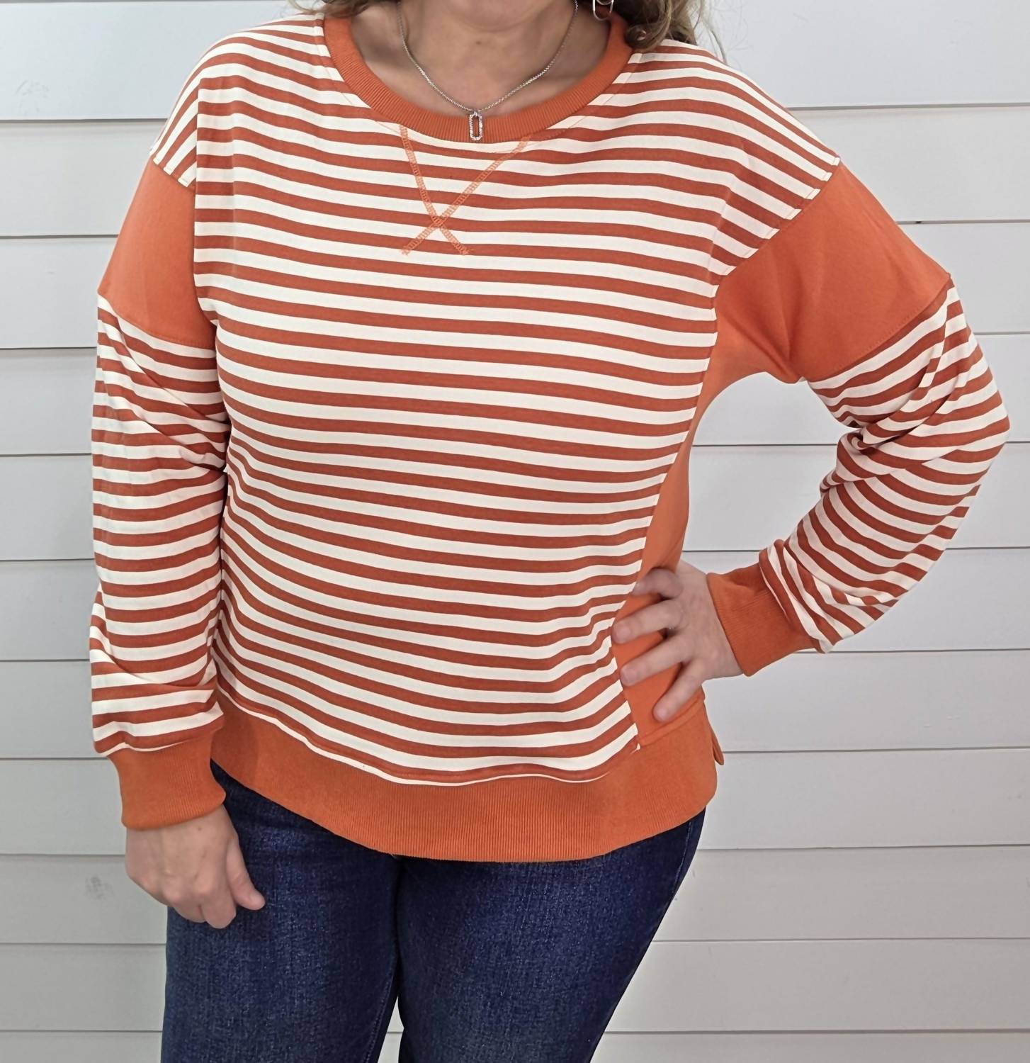 STACCATO Striped French Terry Pullover in tangerine cream - women's sweater - alternate view