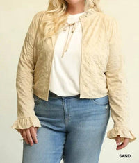 GiGiO Textured Knit Ruffled Neckline Cardigan in sand - women's cardigan