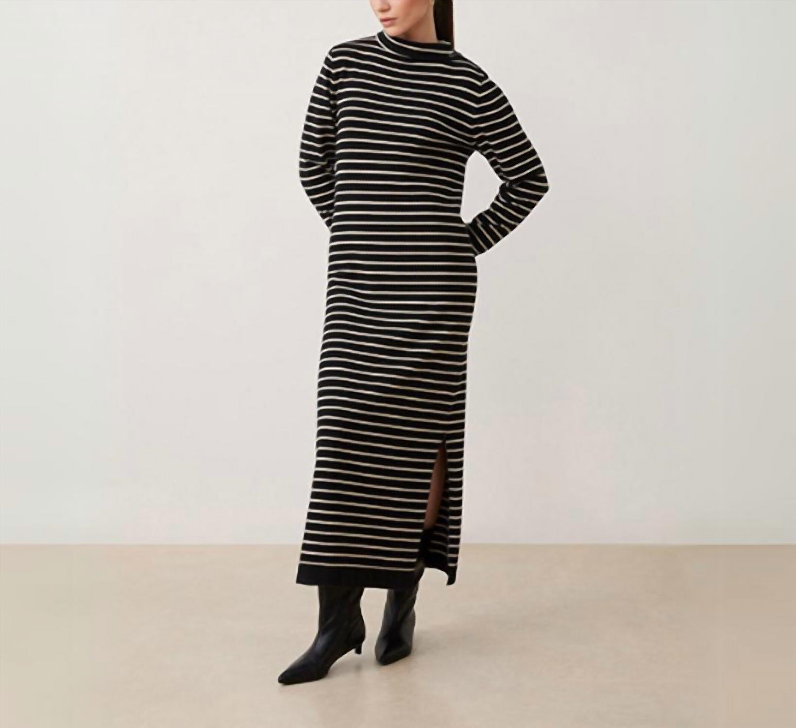 Suncoo Chadela Striped Turtleneck Knit Sweater Dress in black and camel - women's dress