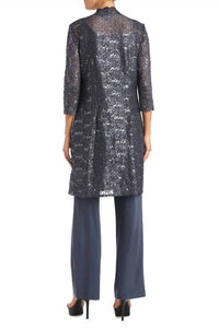 R&M Richards - Women's Metallic Lace Tank Top And Pant Set With Sheer Lace Jacket