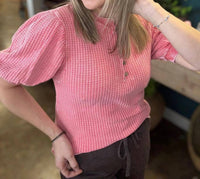 Easel - Waffle Knit Puff Sleeve Top