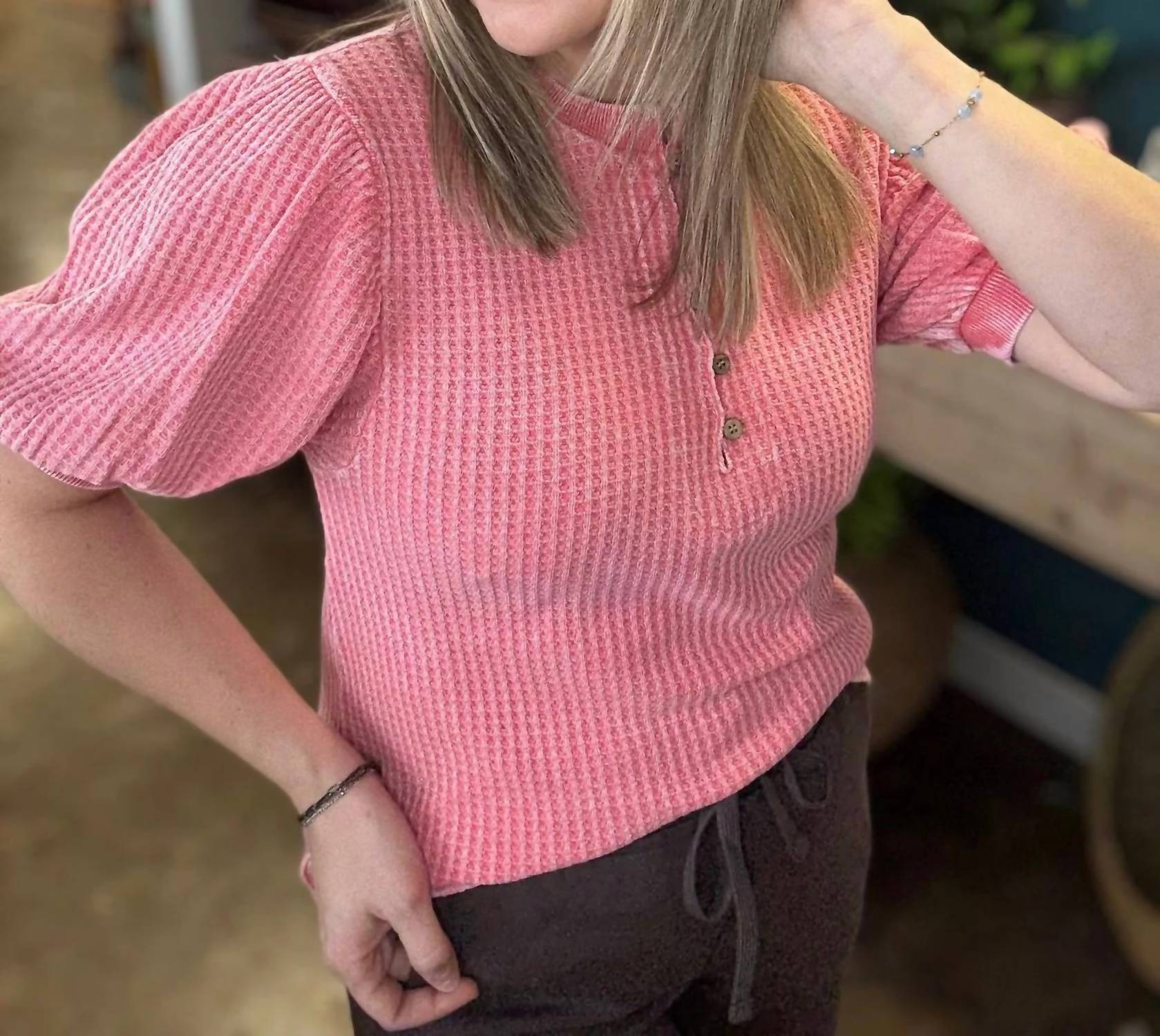 Easel - Waffle Knit Puff Sleeve Top