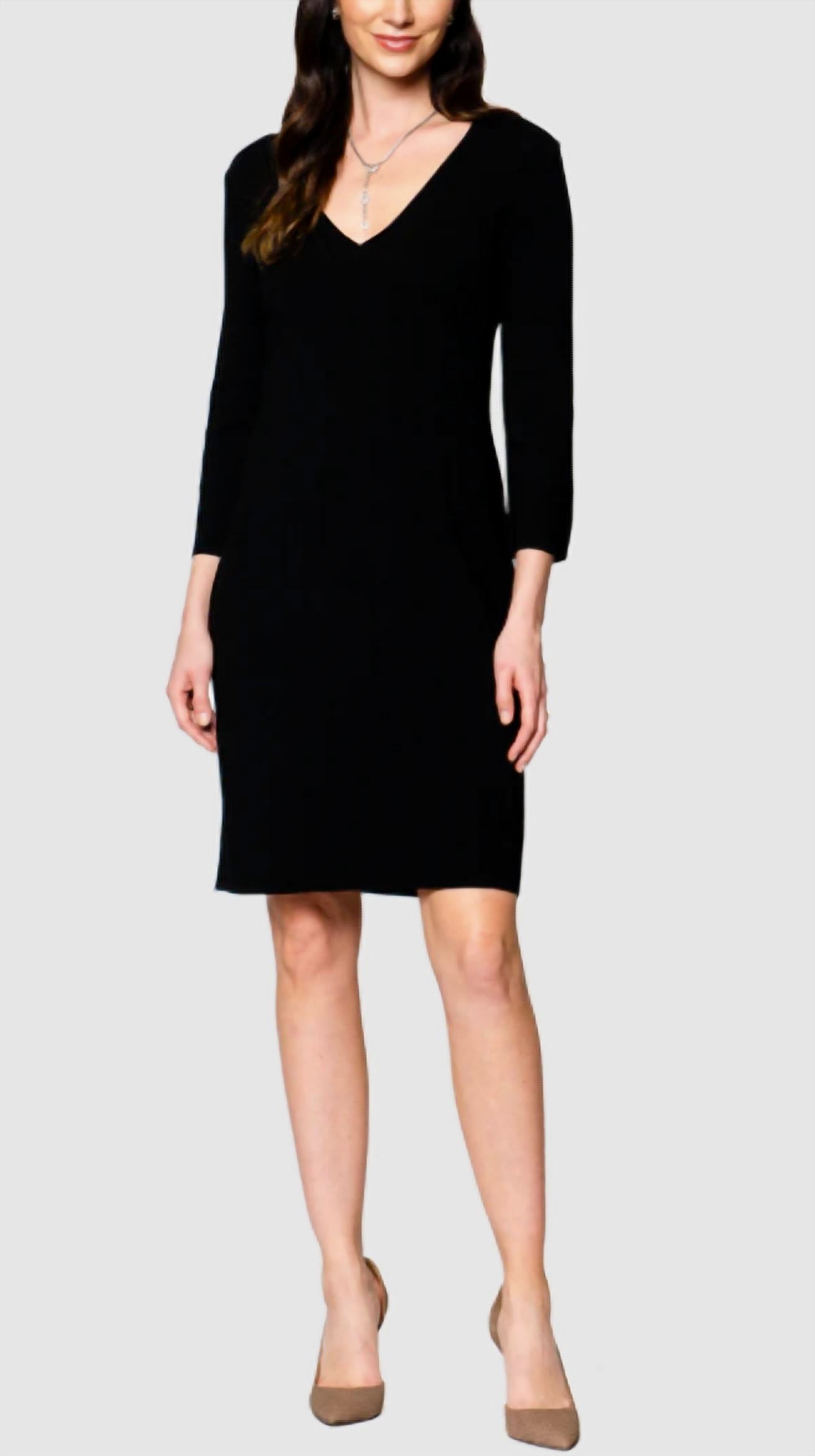 BIANA Vanessa Milano Knit Three Quarter Sleeves Sheath Midi Dress in black - women's dress - detail view