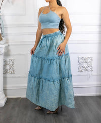 Surelymine - Woven Vintage Washed Maxi Skirt With Ribbed Double Strap Set