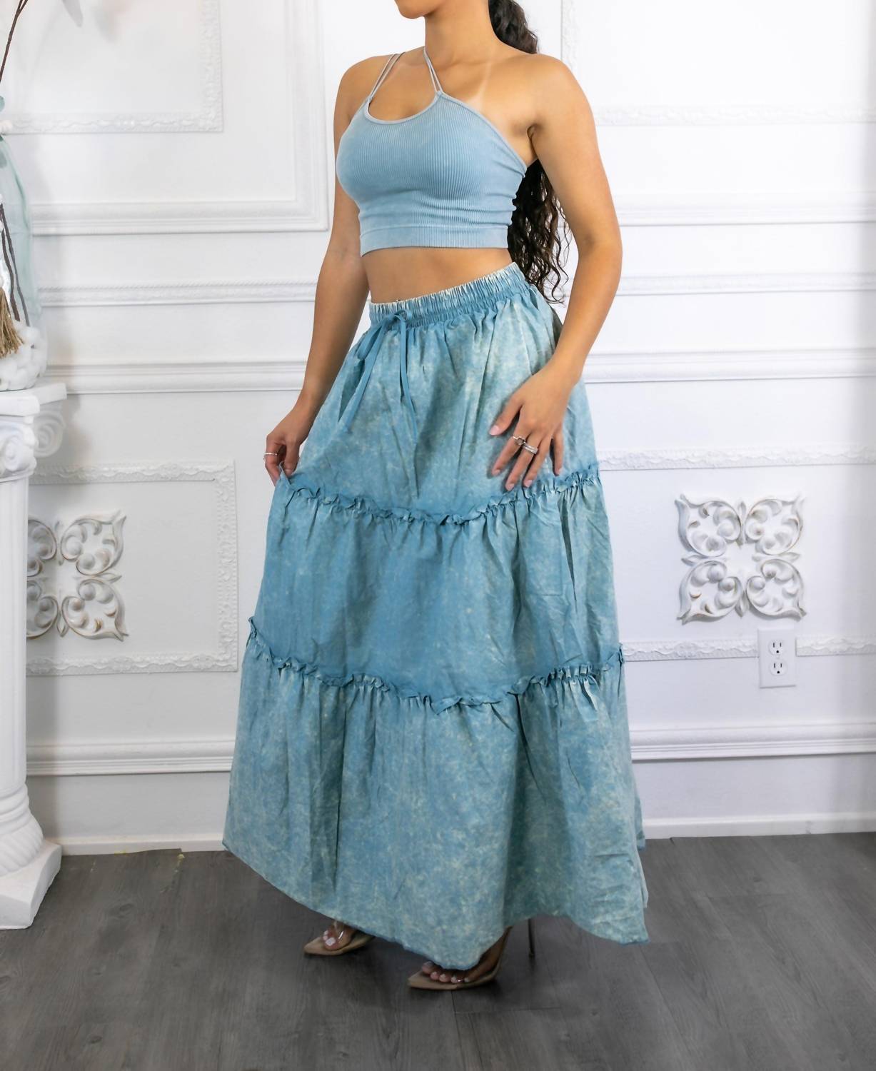 Surelymine - Woven Vintage Washed Maxi Skirt With Ribbed Double Strap Set