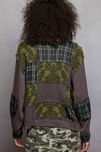 POL Printed Patch Relaxed Fit Top in gray - women's long sleeve top - detail view