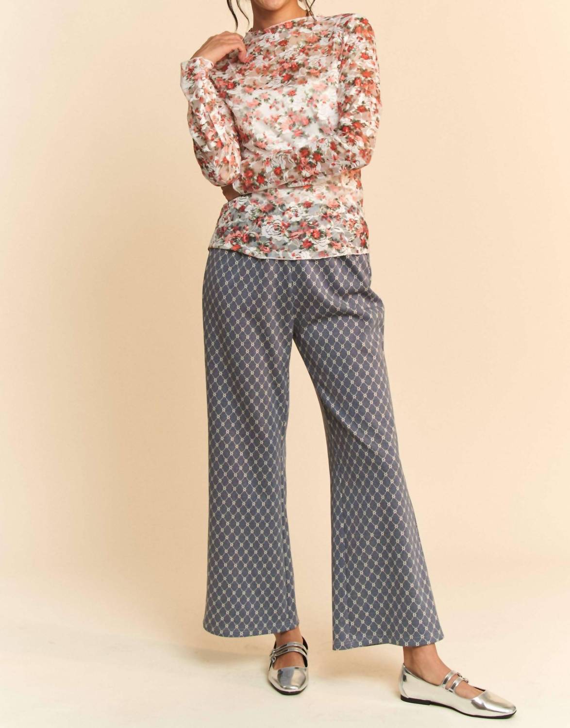 DAVI & DANI Mesh Long Sleeve Layering Top in pink pink floral - women's long sleeve top - detail view