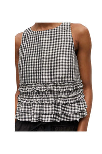 Ganni - Crinkled Taffeta Check Open Back Frilled Top