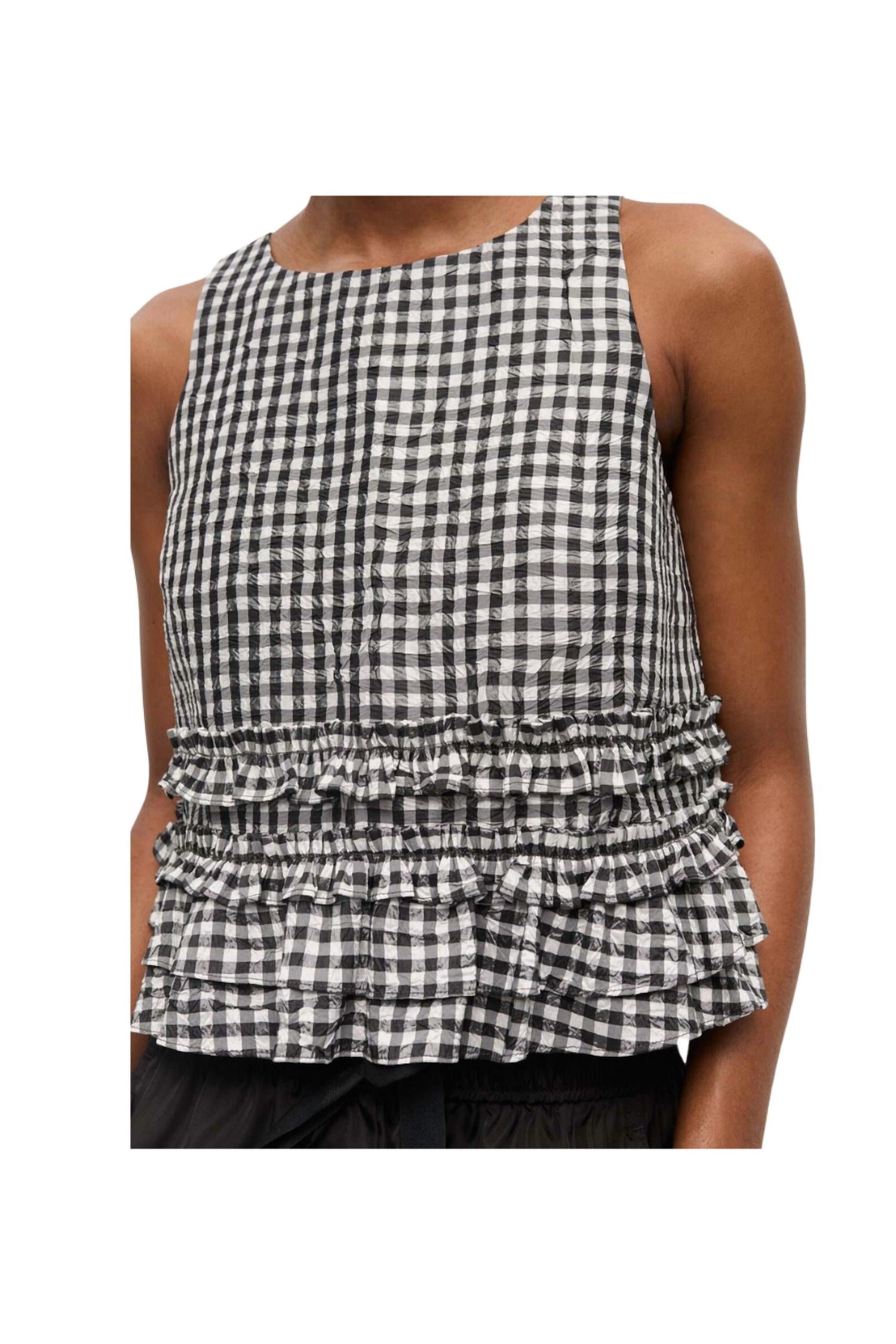Ganni - Crinkled Taffeta Check Open Back Frilled Top