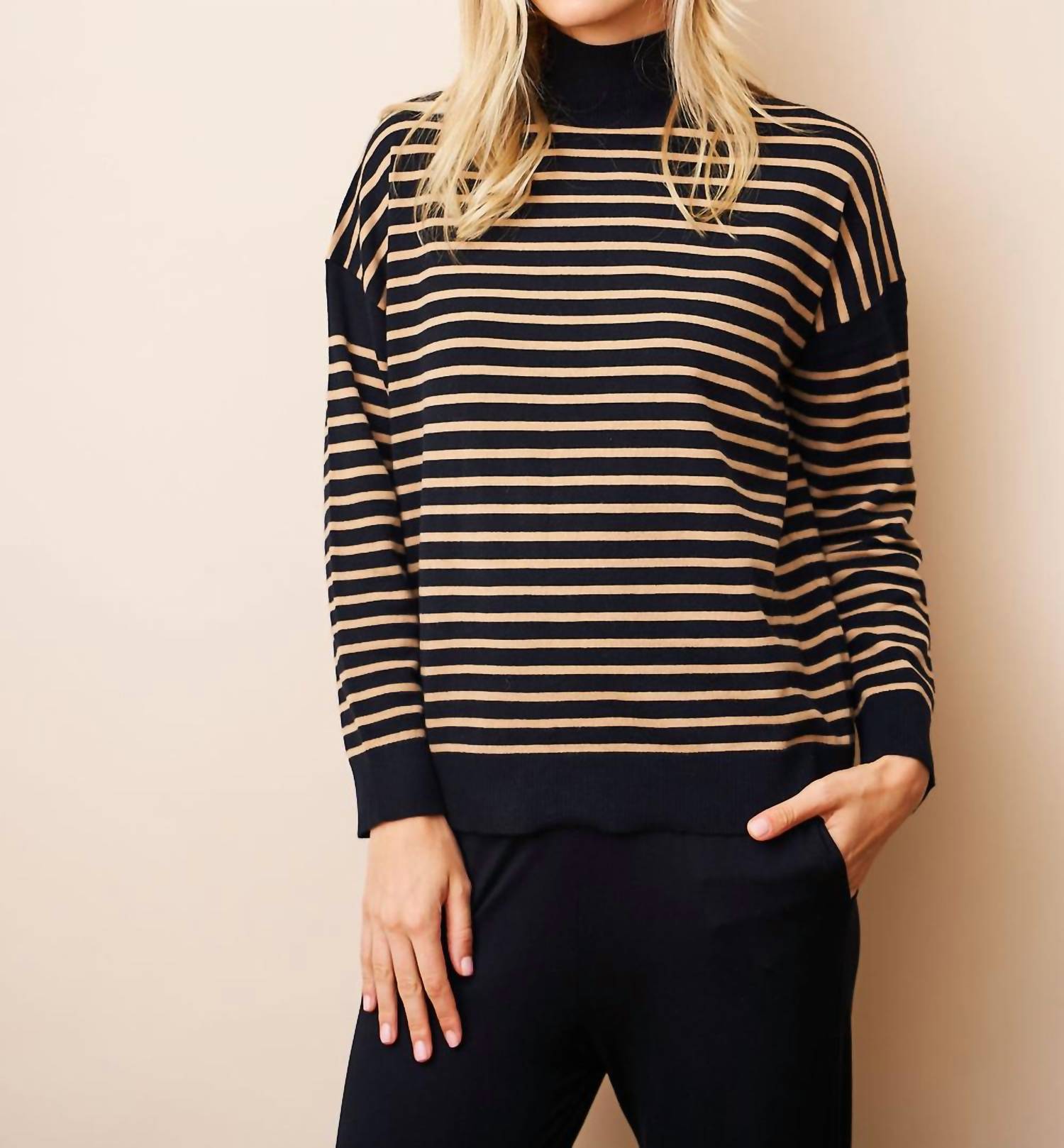 Majestic Filatures - Organic Cotton Knit Stretch Striped Mock Neck Top