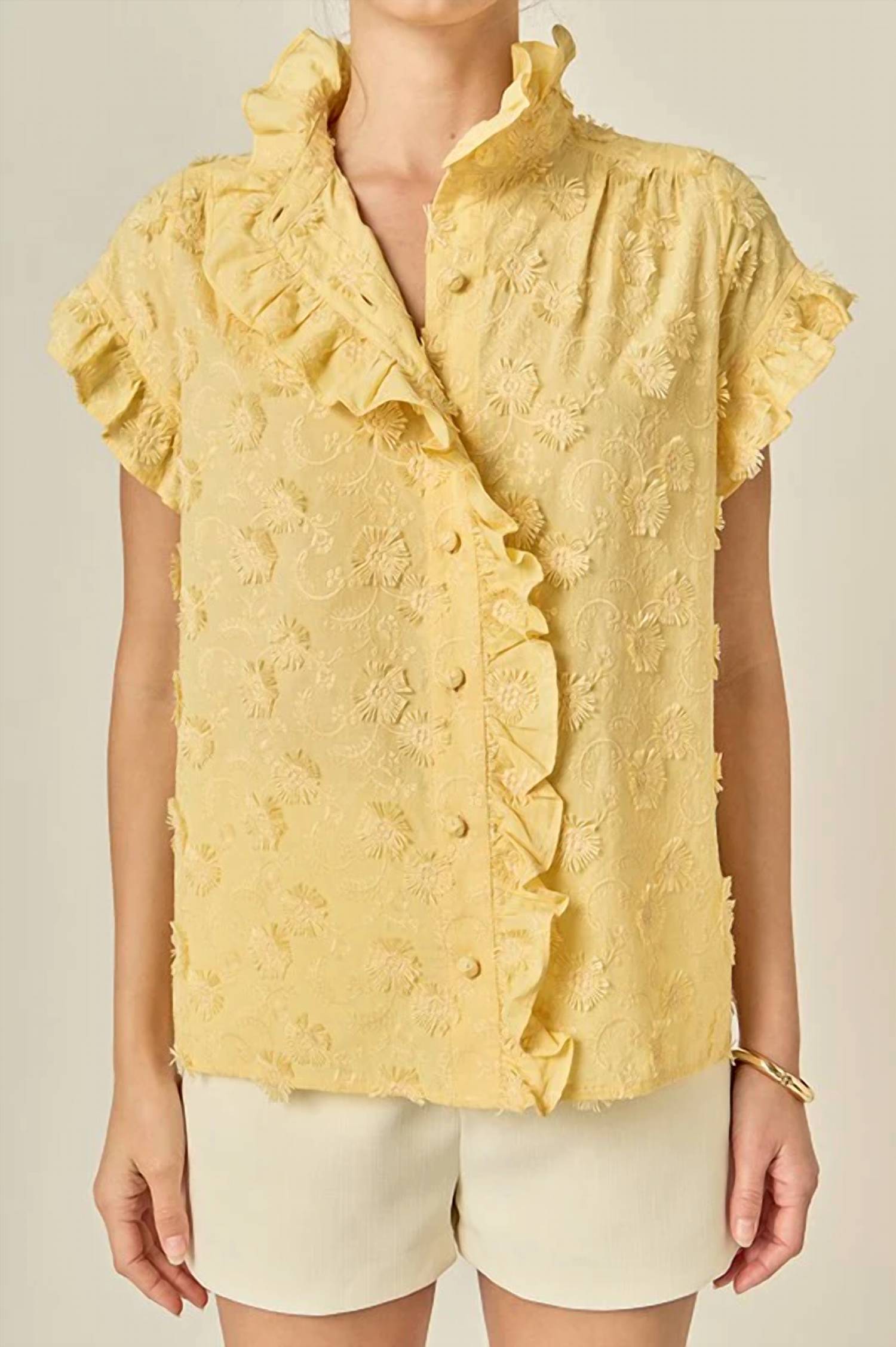 English Factory - Short Sleeve Embroidered Ruffle Top