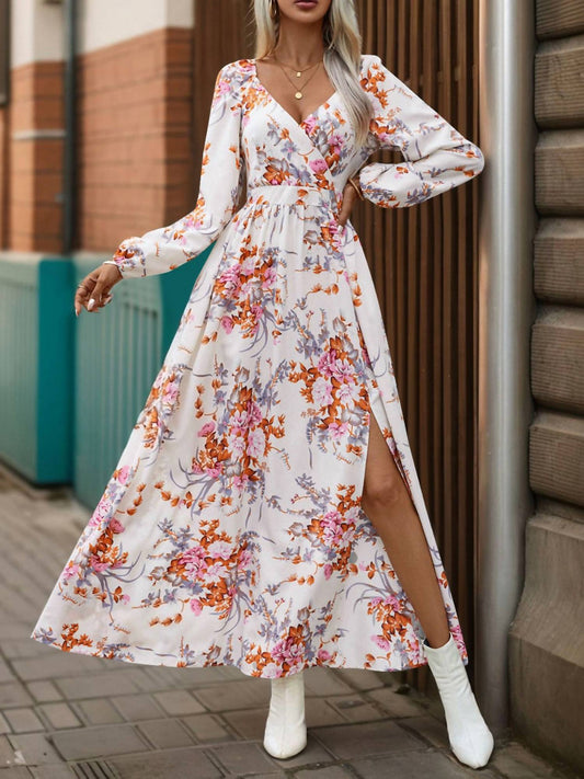 Rosa Clothing - Vintage V-neck Print Long Sleeve Maxi Dress