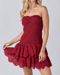 BABY PINK Eyelet Smocked Ruffle Mini Dress in maroon - women's dress