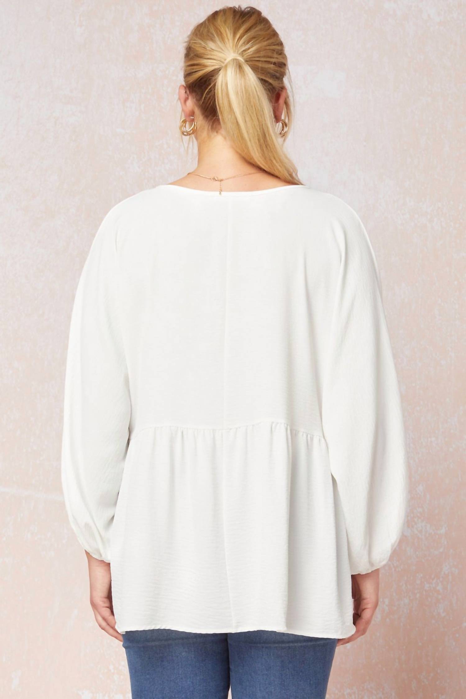 Entro - Textured Long Sleeve Babydoll Top - Plus