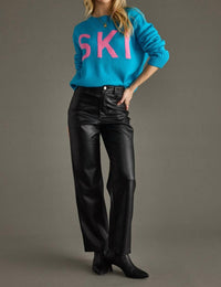 Panache Apparel Ski Block Letter Sweater Top in blue pink - women's sweater