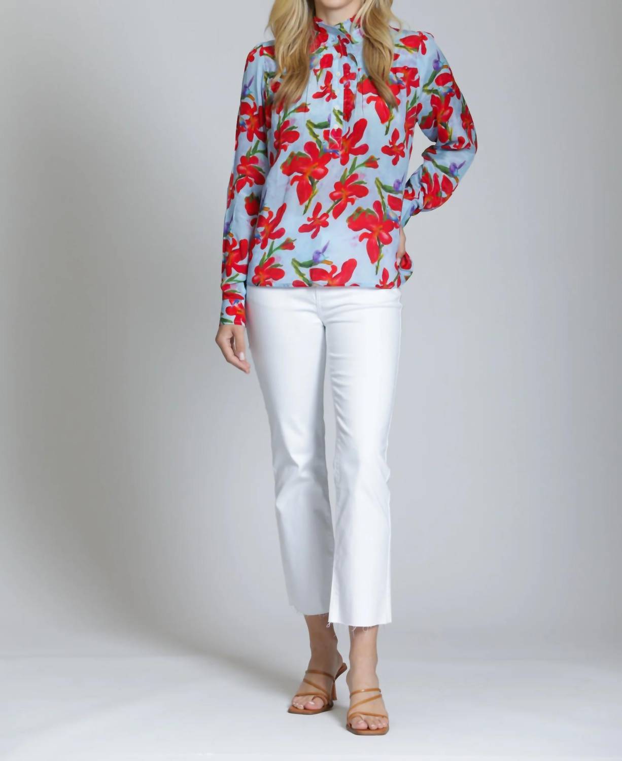 Apny - Floral Ruffle Half Placket Blouse