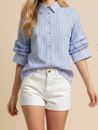 Pinch - Ruched Sleeve Striped Button Down Shirt