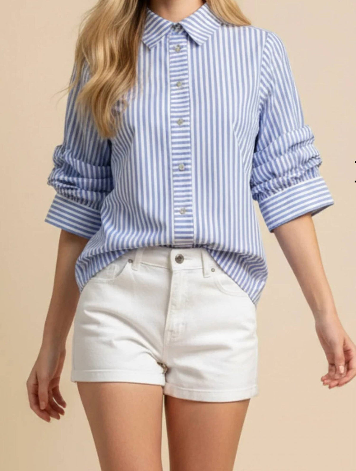 Pinch - Ruched Sleeve Striped Button Down Shirt