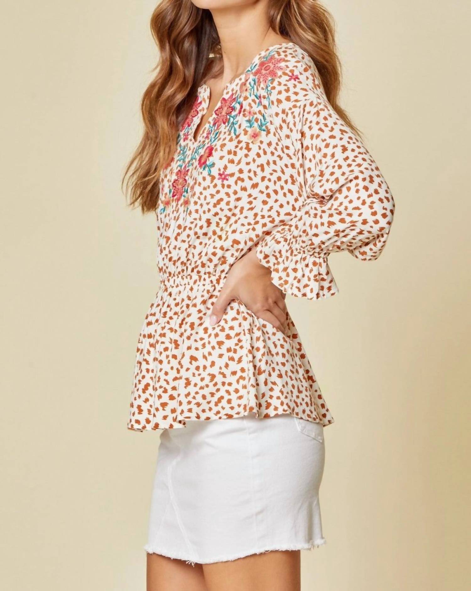 Andree By Unit - Embroidered Leopard Dolman Sleeve Top
