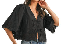 Anniewear - Floral Embroidery Tie Front Blouse
