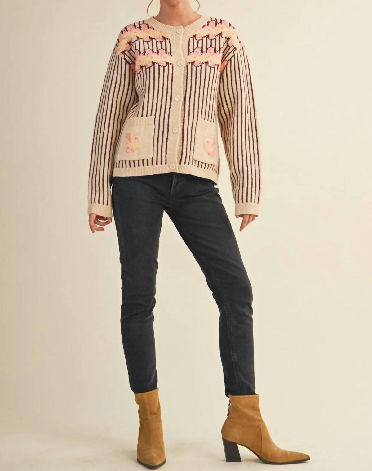 &Merci - Striped Floral Sweater Cardigan